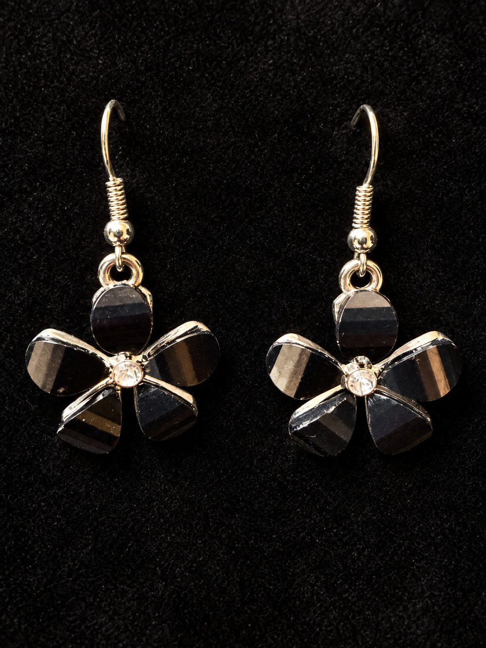 ⚜️ Black Enamel Flower Dangles | Rhinestone Center | Gold-Tone French Wire 💗